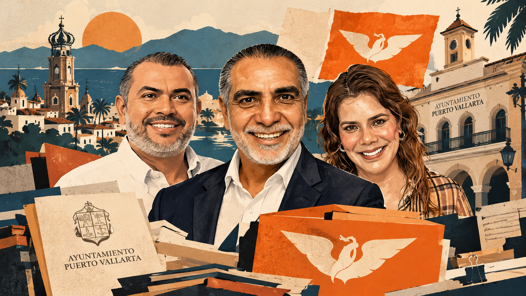 Trío político frente al ayuntamiento costero